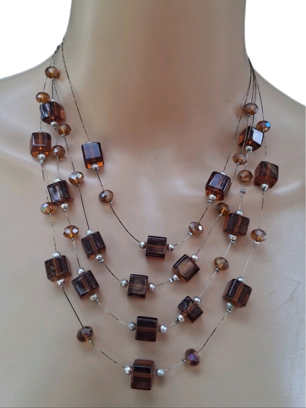 Vintage Multi Strand Brown Illusion Necklace Glass Cube & Faceted Beaded